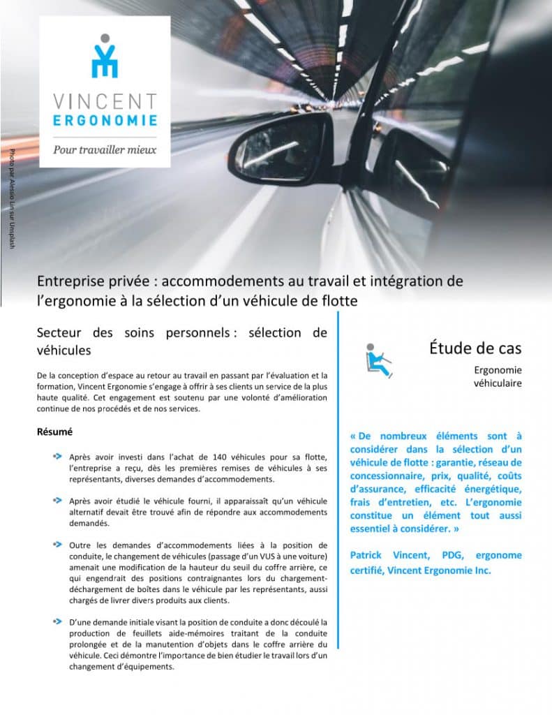 Représentant sur la route : accommodement au travail et intégration de l’ergonomie à la sélection d’un véhicule de flotte 1 edec flotte JE