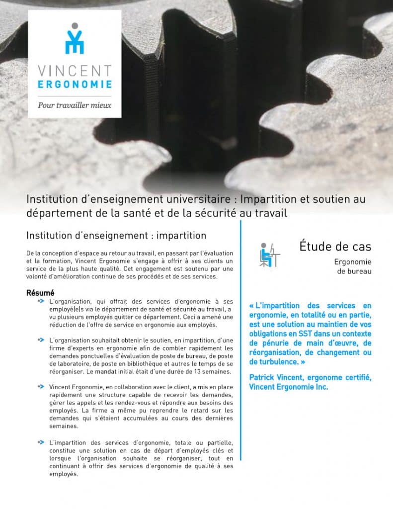 Institution d’enseignement universitaire : Impartition en ergonomie et soutien au département de la santé et de la sécurité au travail 1 etude de cas impartition institution enseignement
