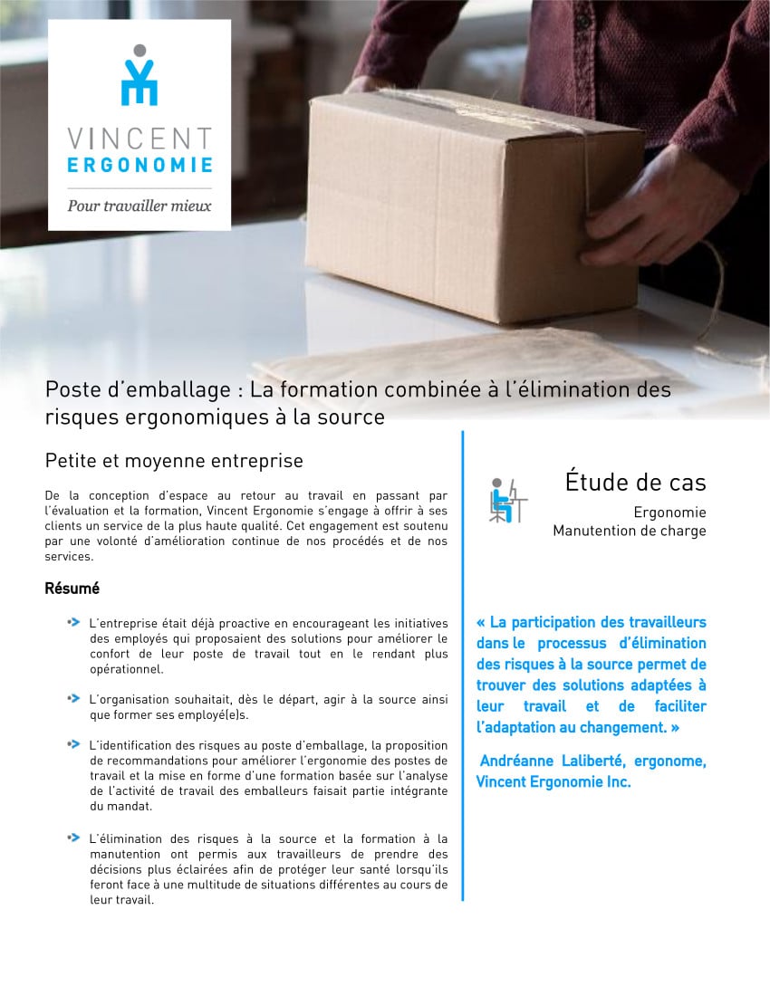 Poste d’emballage : La formation combinée à l’élimination des risques ergonomiques à la source 1 etude de cas emballage